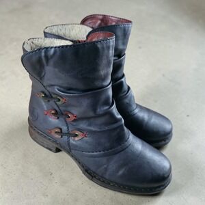 Rieker Navy Leather Moto Ankle Boots Black Red Comfort Sole Size 38 / 7.5 - 8